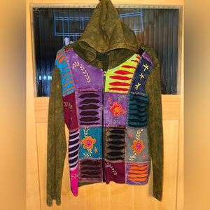 Made in Nepal Woman S Cotton Knit Hoodie Colorful Hippie Boho Hand Applique